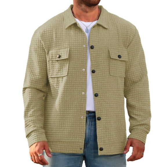 WTOBBY Men's Plaid Shacket Long Sleeve Lapel Collar Double Pocket Casual Loose Fit Button Front Flannel Outerwear Shirt Jacket Fall Winter Warm,Khaki XL