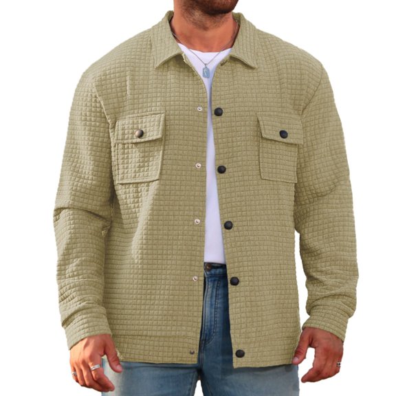 WTOBBY Men's Plaid Shacket Long Sleeve Lapel Collar Double Pocket Casual Loose Fit Button Front Flannel Outerwear Shirt Jacket Fall Winter Warm,Khaki 3XL