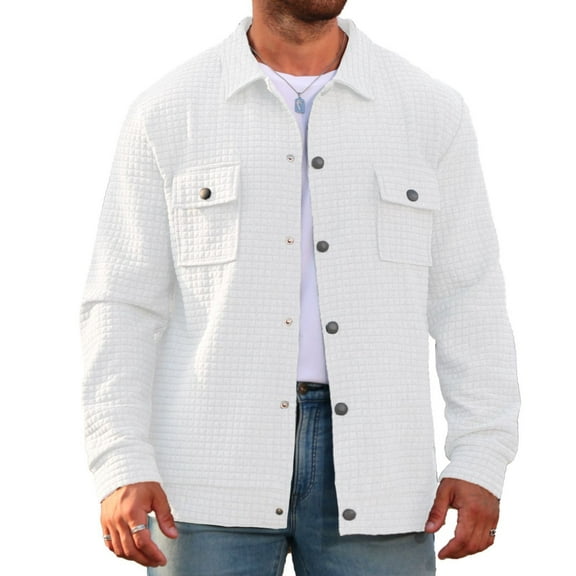 WTOBBY Men's Plaid Shacket Long Sleeve Lapel Collar Double Pocket Casual Loose Fit Button Front Flannel Outerwear Shirt Jacket Fall Winter Warm,White L