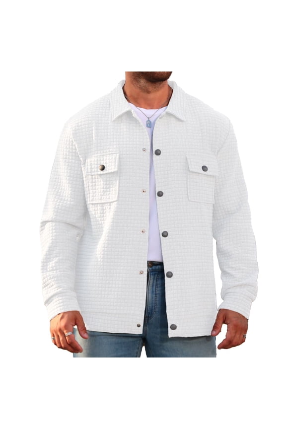 Men's Plaid Shacket Long Sleeve Lapel Collar Double Pocket Casual Loose Fit Button Front Flannel Outerwear Shirt Jacket Fall Winter Warm,White XL