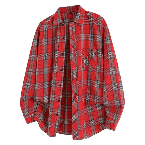 WTOBBY Men's Poly-Cotton Blend Cardigan Shirt Long Sleeve Lapel Collar Casual Comfortable Button Front Open Front Lightweight Cover-Up Breathable Top,Red L