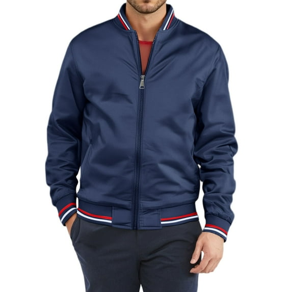 WTOBBY Men's Premium Cotton Baseball Jacket, Vintage Stand Collar Flight Bomber with Color Block Design, Relaxed Fit Retro Outerwear,Navy L