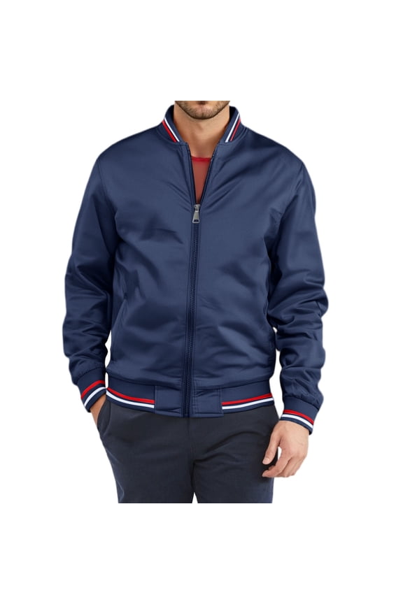 Men's Premium Cotton Baseball Jacket, Vintage Stand Collar Flight Bomber with Color Block Design, Relaxed Fit Retro Outerwear,Navy L