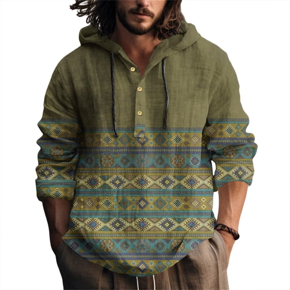 WTOBBY Men's Printed Cotton Linen Hooded Long Sleeve Shirt with Gradient Design for Spring and Summer Casual Daily Wear Lightweight and Breathable Pullover Top ,Army Green L