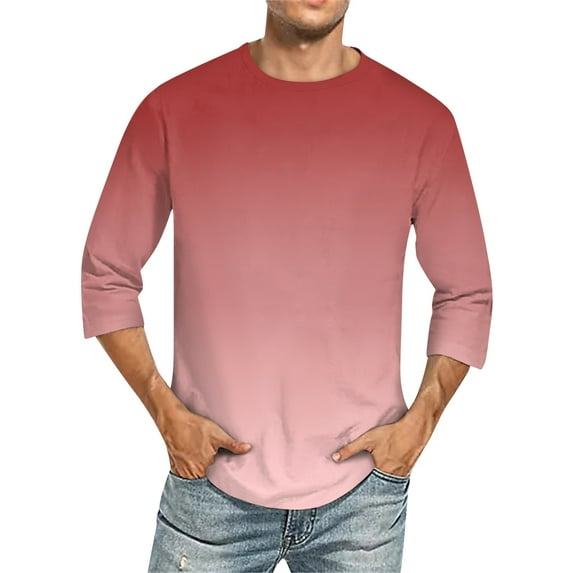 WTOBBY Men's Printed Round Neck 3/4 Sleeve T-Shirt Gradient Design, Lightweight and Comfortable, Casual Top for Summer and Early Fall Wear,Red M