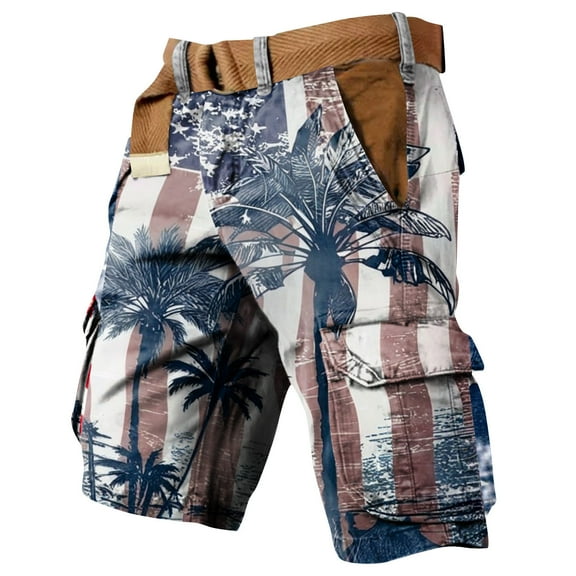 WTOBBY Men's Printed Workwear Shorts for Independence Day, Multi-Pocket Casual Design, Lightweight and Durable for Summer Outings,Navy 2XL