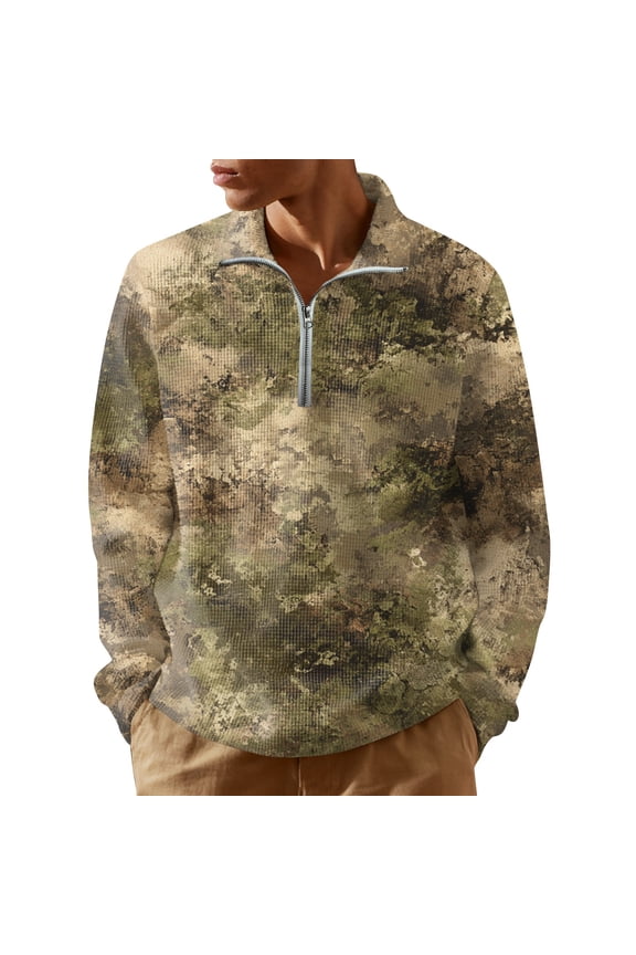Men's Quarter Zip Pullover Turtleneck Long Sleeve Top with Camouflage Print Casual Military Style Shirt for Men in Cool Weather and Urban Outings,Light Green M