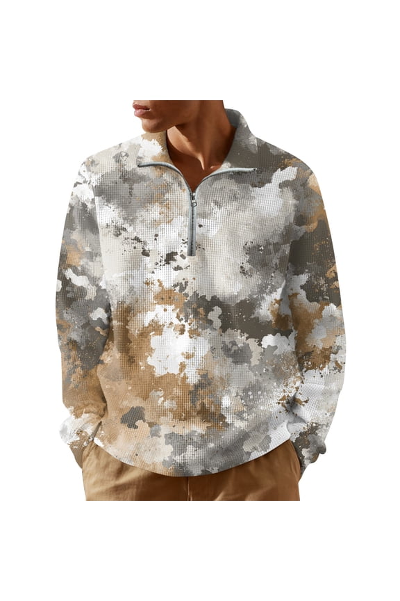 Men's Quarter Zip Pullover Turtleneck Long Sleeve Top with Camouflage Print Casual Military Style Shirt for Men in Cool Weather and Urban Outings,White XL