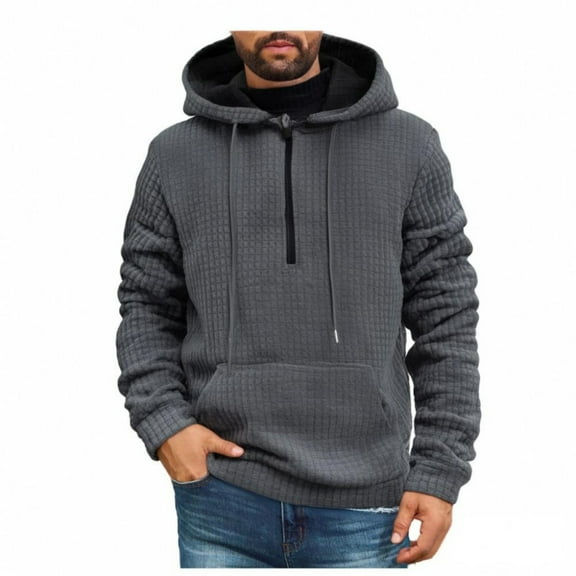 WTOBBY Men's Quilted Zip Hoodie, Fashion Long Sleeve Hooded Sweatshirt with Pocket, Trendy Streetwear Warmth,Dark Gray M