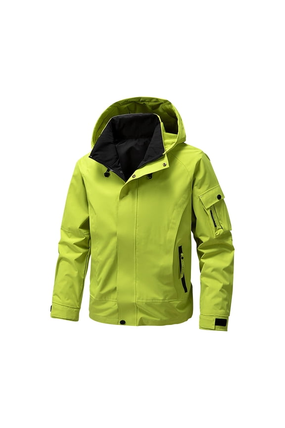 Men's Raglan Sleeve Work Jacket, American Style Hooded Outdoor Coat with Utility Pockets, Rugged Casual Wear for Urban Explorers,Fluorescent Green 2XL