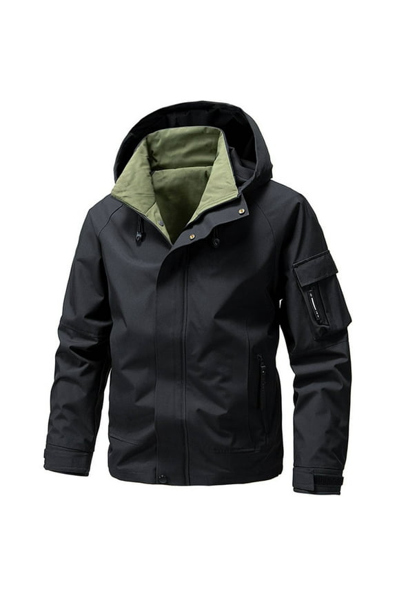 Men's Raglan Sleeve Work Jacket, American Style Hooded Outdoor Coat with Utility Pockets, Rugged Casual Wear for Urban Explorers,Black 2XL