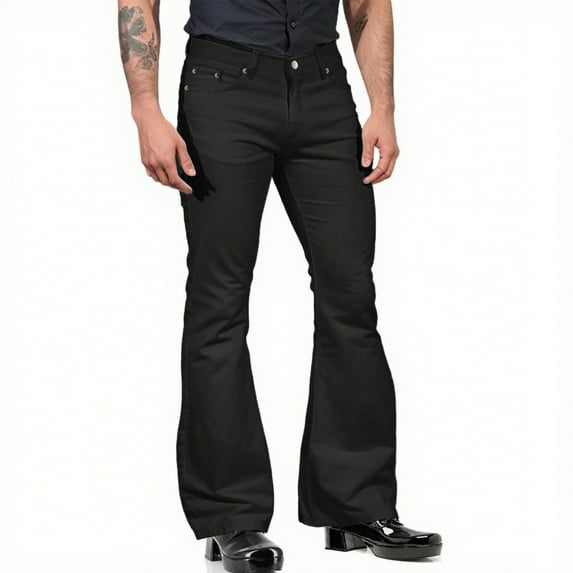 WTOBBY Men's Relaxed Vintage 70s Bell Bottom Jeans, Stretch Fit Classic Flared Trousers with Retro Leg Design for Casual Stylish Wear, Comfort Denim,Black S