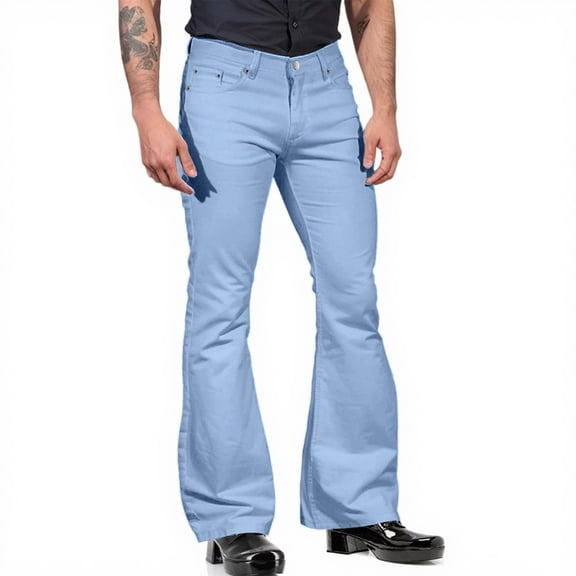 WTOBBY Men's Relaxed Vintage 70s Bell Bottom Jeans, Stretch Fit Classic Flared Trousers with Retro Leg Design for Casual Stylish Wear, Comfort Denim,Light Blue XL