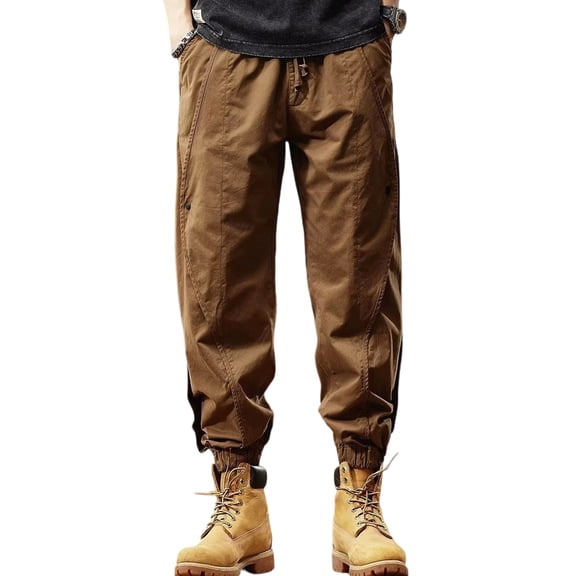 WTOBBY Men's Retro American Style Casual Sports Pants with Cuffed Ankle Wide Leg Multi-Pocket Work Trousers for Outdoor Daily Wear Comfort Fit Men's Pants,Brown L