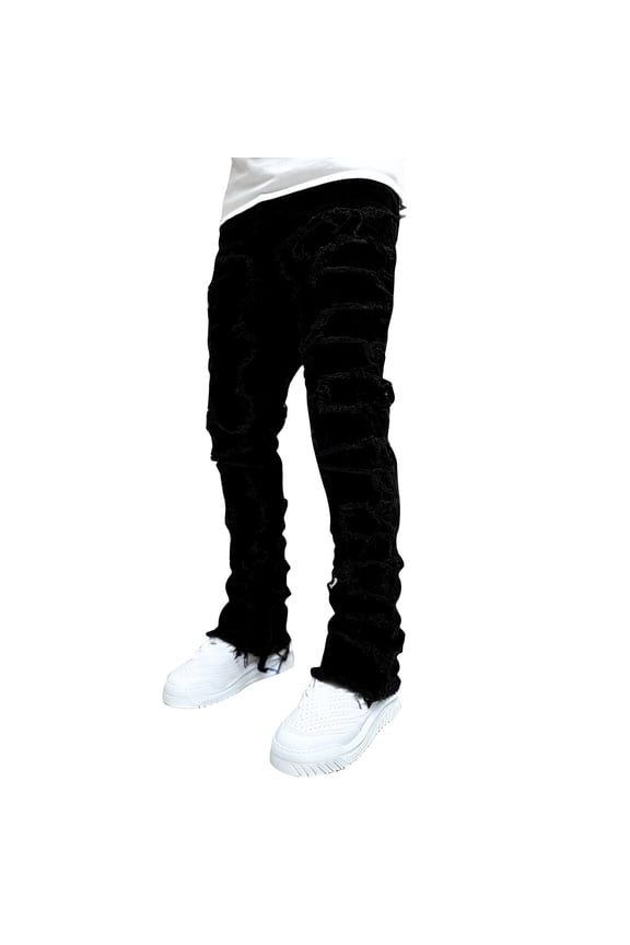 Men's Retro Casual Mid-Rise Washed Straight Slim Fashion Jeans, Distressed Perforated Design for Everyday Stylish Wear, Comfortable Denim Fit,Black XL