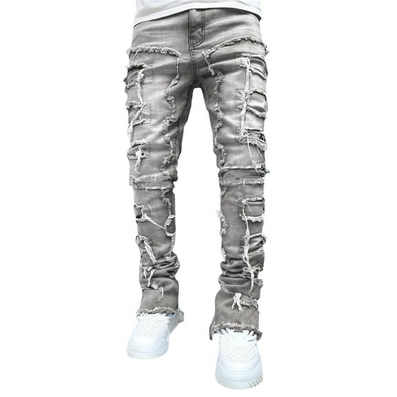 WTOBBY Men's Retro Casual Mid-Rise Washed Straight Slim Fashion Jeans, Distressed Perforated Design for Everyday Stylish Wear, Comfortable Denim Fit,Gray XL