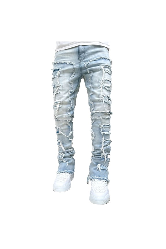Men's Retro Casual Mid-Rise Washed Straight Slim Fashion Jeans, Distressed Perforated Design for Everyday Stylish Wear, Comfortable Denim Fit,Light Blue XL
