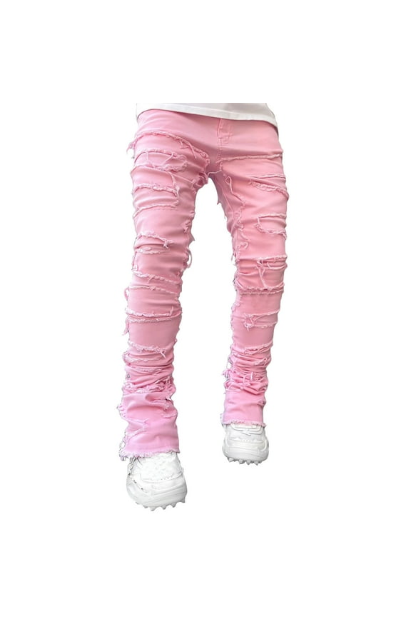 Men's Retro Casual Mid-Rise Washed Straight Slim Fashion Jeans, Distressed Perforated Design for Everyday Stylish Wear, Comfortable Denim Fit,Pink S