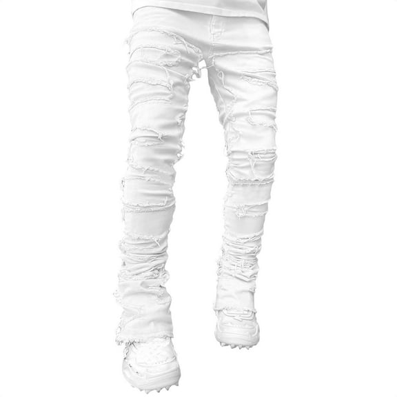 WTOBBY Men's Retro Casual Mid-Rise Washed Straight Slim Fashion Jeans, Distressed Perforated Design for Everyday Stylish Wear, Comfortable Denim Fit,White L