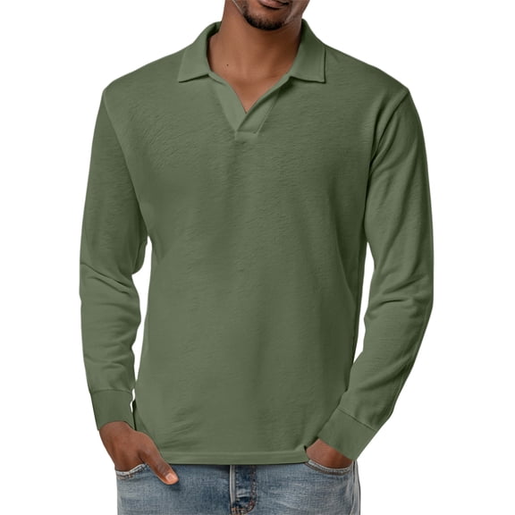 WTOBBY Men's Retro Style Small V-Neck Long Sleeve Top with Solid Color, Retro Casual Shirt for Comfortable and Timeless Everyday Look,Army Green 3XL