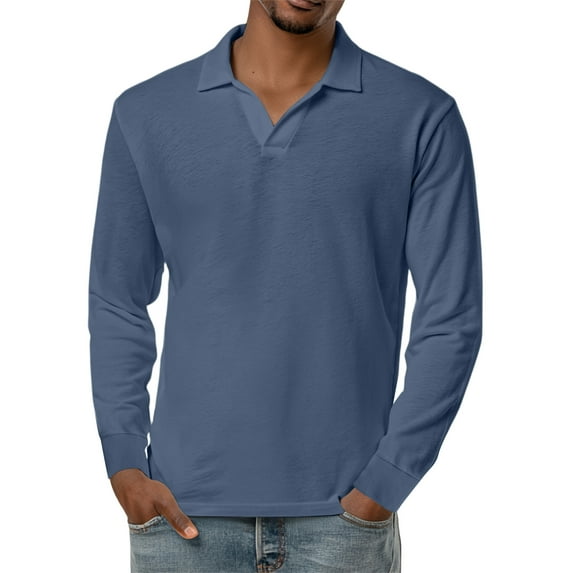 WTOBBY Men's Retro Style Small V-Neck Long Sleeve Top with Solid Color, Retro Casual Shirt for Comfortable and Timeless Everyday Look,Navy M