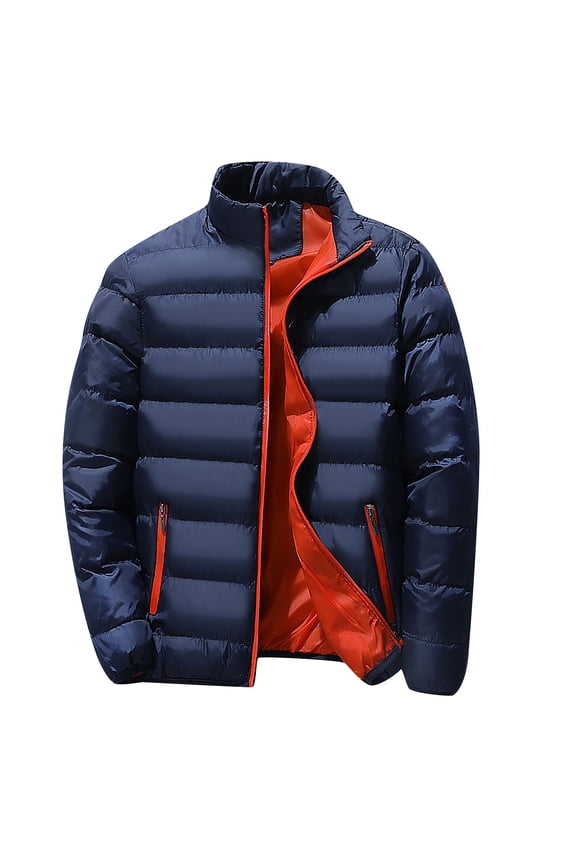 Men's Short Padded Jacket, Stand Collar Casual Quilted Coat with Solid Color Design, Lightweight Warmth for Fall Winter Urban Style,Navy 5XL