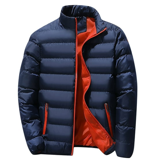 WTOBBY Men's Short Padded Jacket, Stand Collar Casual Quilted Coat with Solid Color Design, Lightweight Warmth for Fall Winter Urban Style,Navy M