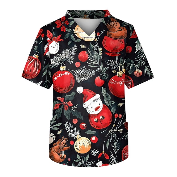 WTOBBY Men's Short Sleeve V-Neck Print Top with Chest Pocket, Christmas Theme Design for Caregivers, Work and Casual Comfort Wear,Red 3XL