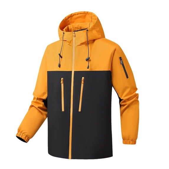 WTOBBY Men's Single Layer Waterproof Hiking Jacket, Windproof Raglan Sleeve Windbreaker with Adjustable Hood, Lightweight Packable Rain Coat,Saffron 2XL