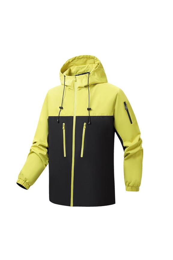 Men's Single Layer Waterproof Hiking Jacket, Windproof Raglan Sleeve Windbreaker with Adjustable Hood, Lightweight Packable Rain Coat,Yellow M
