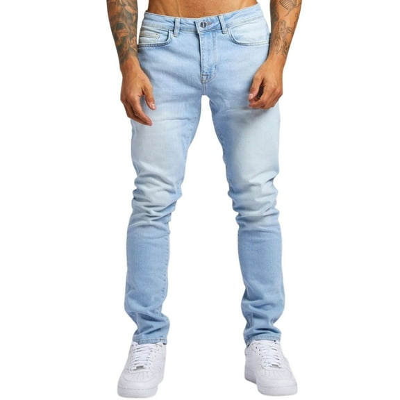 WTOBBY Men's Slim Fit Jeans with Functional Pockets Casual Trend Denim Trousers - Comfortable Stretch Long Pants Design for Streetwear and Daily Activity Wear Experience,Light Blue 28