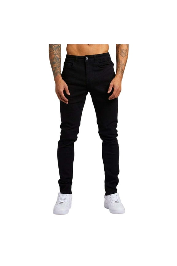 Men's Slim Fit Jeans with Functional Pockets Casual Trend Denim Trousers - Comfortable Stretch Long Pants Design for Streetwear and Daily Activity Wear Experience,Black 28