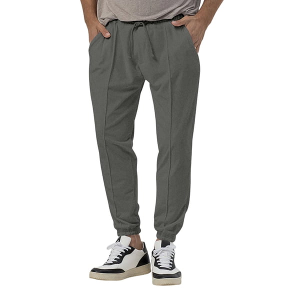 WTOBBY Men's Slim Fit Linen Long Pants with Elastic Drawstring Waist and Multiple Pockets, Lightweight Breathable Fabric for Summer Casual Wear and Comfortable Office Use ,Dark Gray L