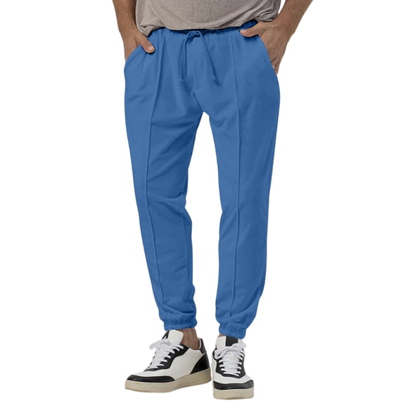 WTOBBY Men's Slim Fit Linen Long Pants with Elastic Drawstring Waist and Multiple Pockets, Lightweight Breathable Fabric for Summer Casual Wear and Comfortable Office Use ,Blue XL