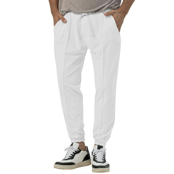 WTOBBY Men's Slim Fit Linen Long Pants with Elastic Drawstring Waist and Multiple Pockets, Lightweight Breathable Fabric for Summer Casual Wear and Comfortable Office Use ,White L