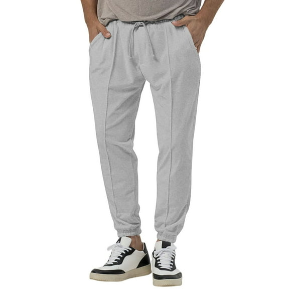 WTOBBY Men's Slim Fit Linen Long Pants with Elastic Drawstring Waist and Multiple Pockets, Lightweight Breathable Fabric for Summer Casual Wear and Comfortable Office Use ,Gray L