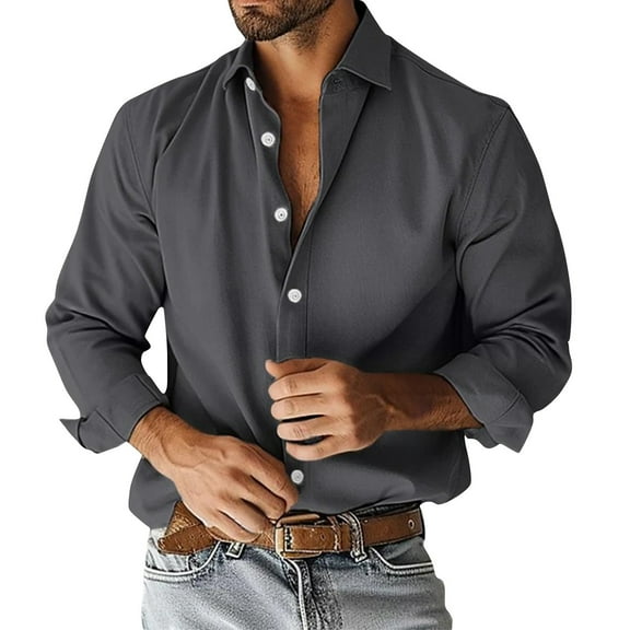 WTOBBY Men's Solid Business Shirt Long Sleeve Lapel Collar Casual Fashion Button Front Cotton Blend Office Wear Breathable Classic Fit Dress Top,Dark Gray 2XL