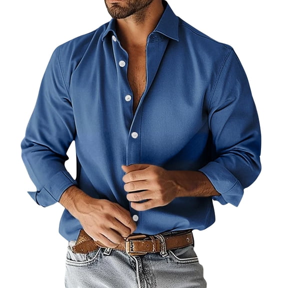 WTOBBY Men's Solid Business Shirt Long Sleeve Lapel Collar Casual Fashion Button Front Cotton Blend Office Wear Breathable Classic Fit Dress Top,Royal Blue 2XL