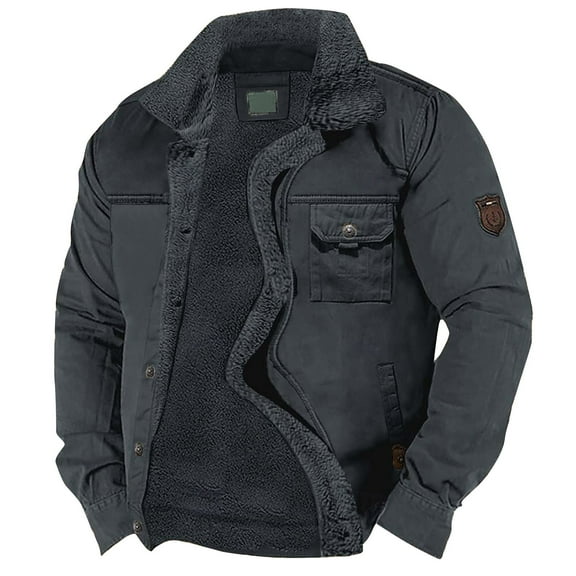 WTOBBY Men's Solid Color Fleece Work Shirt Jacket, Casual Loose Fit Button Up Lapel Pocket Long Sleeve Coat, Fall Season Outdoor Wear,Dark Blue 3XL