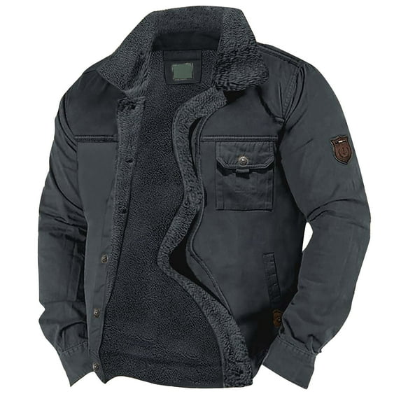 WTOBBY Men's Solid Color Fleece Work Shirt Jacket, Casual Loose Fit Button Up Lapel Pocket Long Sleeve Coat, Fall Season Outdoor Wear,Dark Blue L