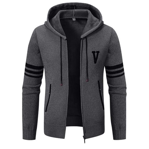 WTOBBY Men's Solid Color Knit Cardigan Jacket, Plush Fleece Lined Hooded Sweater, Warm Thickened Casual Zip Up Outerwear for Fall Winter Seasons,Dark Gray 2XL