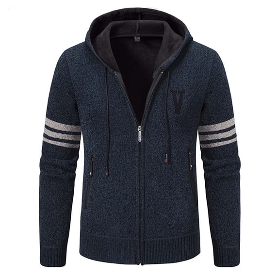 WTOBBY Men's Solid Color Knit Cardigan Jacket, Plush Fleece Lined Hooded Sweater, Warm Thickened Casual Zip Up Outerwear for Fall Winter Seasons,Navy 3XL