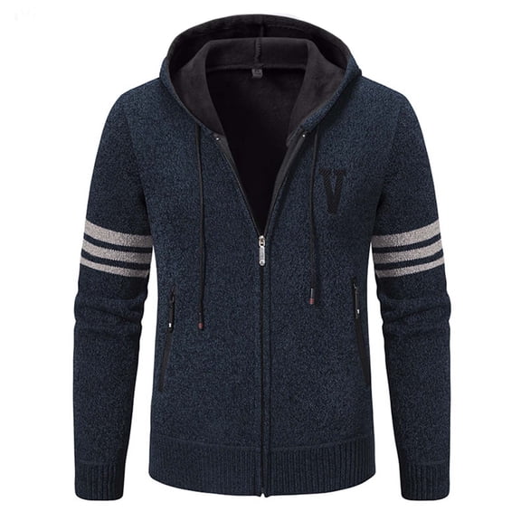 WTOBBY Men's Solid Color Knit Cardigan Jacket, Plush Fleece Lined Hooded Sweater, Warm Thickened Casual Zip Up Outerwear for Fall Winter Seasons,Navy M