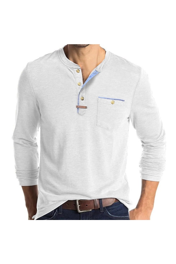 Men's Solid Color Long Sleeve T-Shirt with Lapel Collar, 3-Button Open Placket, and Autumn Winter Design for Casual Comfort Wear Relaxed Fit Top ,White 2XL
