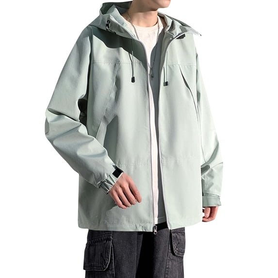WTOBBY Men's Solid Color Outdoor Jacket, Waterproof Windproof Hiking Mountaineering Workwear Coat for Men, Lightweight Breathable Rain Jacket with Hood for Camping Trekking Travel,Mint Green M