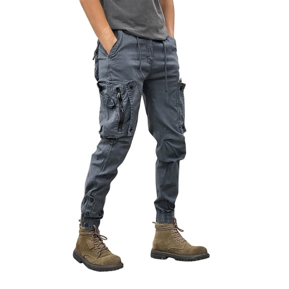 WTOBBY Men's Solid Color Outdoor Overalls, Casual Fashion Tactical Cuff Trousers with Multiple Pockets for Hiking and Work, Functional,Gray M
