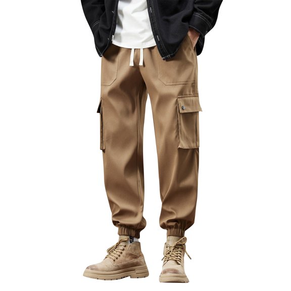 WTOBBY Men's Solid Color Overalls Loose Fitting Drawstring Pants Trendy Multi Pocket Casual Long Trousers for Streetwear Daily Men's Pants,Khaki 2XL