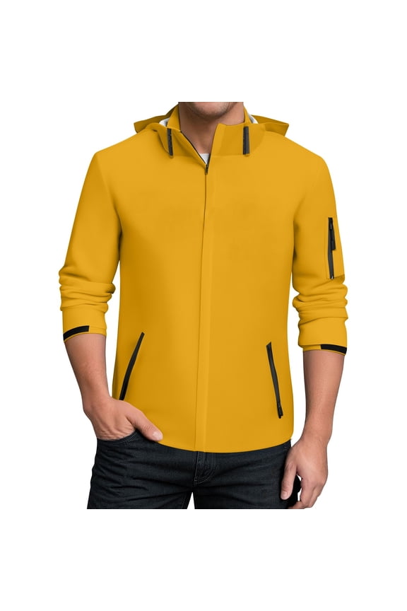Men's Solid Color Performance Rain Jacket, Quick-Dry Hooded Athletic Shell with Adjustable Cuffs, Perfect for Fitness Hiking Daily Commute,Yellow XL