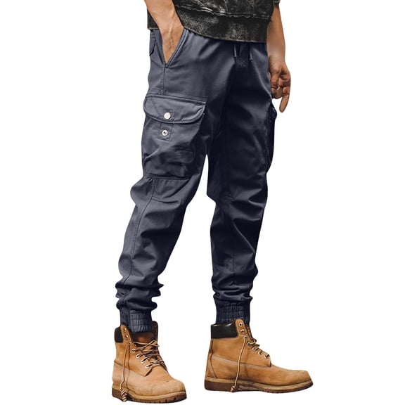 WTOBBY Men's Solid Color Thickened Trousers with Multiple Pockets Zippered Cuffs for Outdoor Leisure Sports Work Overalls Warm Men's Pants,Dark Gray L