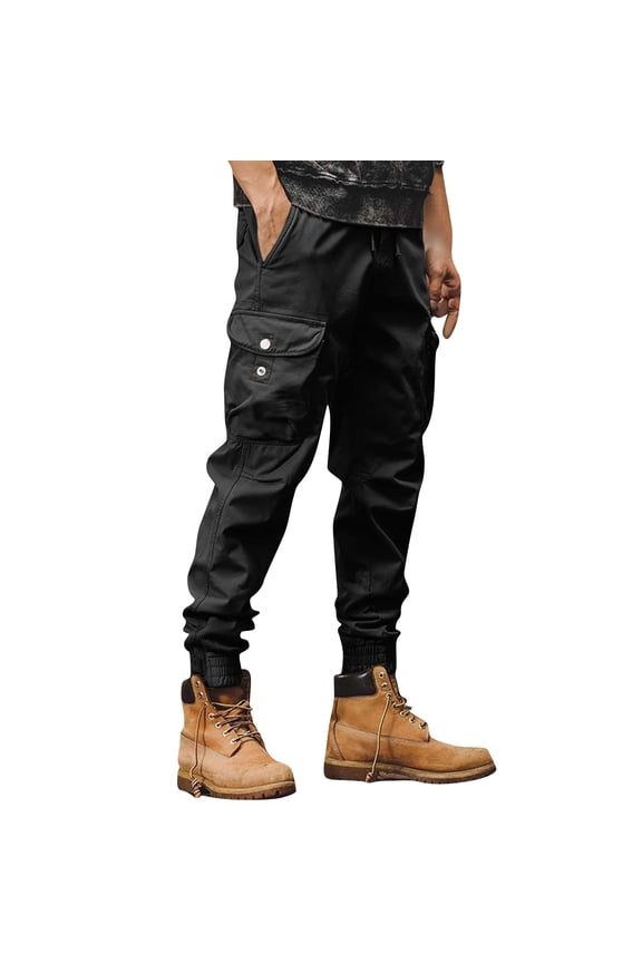 Men's Solid Color Thickened Trousers with Multiple Pockets Zippered Cuffs for Outdoor Leisure Sports Work Overalls Warm Men's Pants,Black 2XL